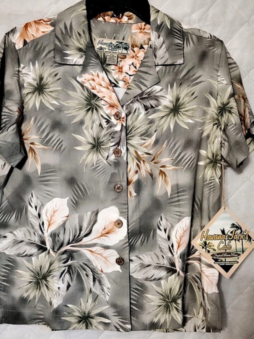 Hawaii Jack's Cafe Floral Button Down Shirt Gray NWT